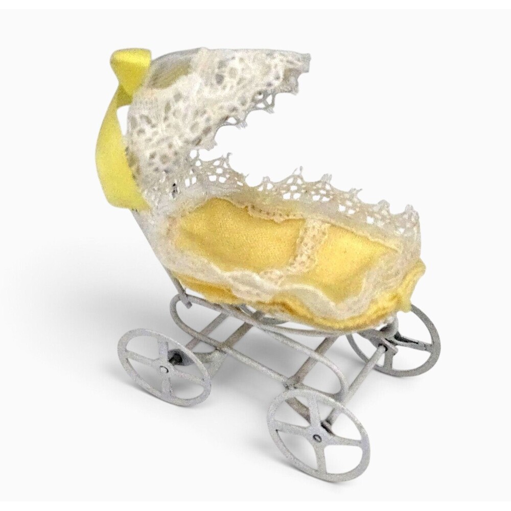 Vtg Dollhouse Baby Carriage Stroller White Metal & Lace Yellow Chadwick Miller